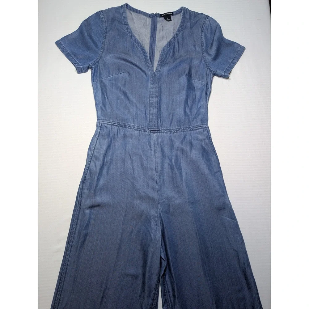 Club Monaco 4 Blue Chambray Lyocell Wide Leg Cropped Jumpsuit Short Sleeve - Picture 4 of 13